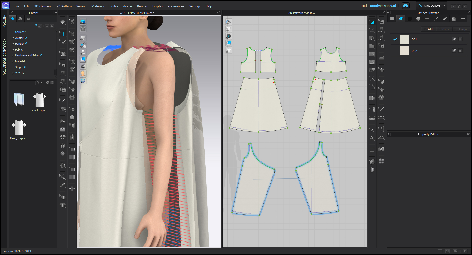 ※ CLOの作業画面。型紙デザインをつなぎ合わせ、ボディに対して着装シミュレーションが行えるソフト。