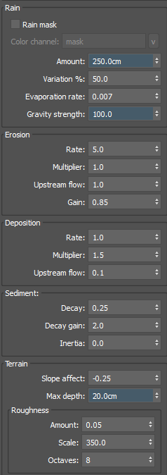 サイズに関わるAmountやGravity、Max depthなどを各々数値変更しております。