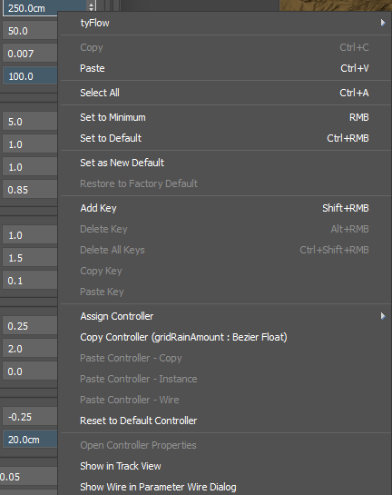 各数値を調整し初期設定がわからなくなった場合は、画像のように数値のボックスを右クリック→ポップアップウィンドウからSet to Defaultを選択すると初期の設定数値に戻す事が出来ます。