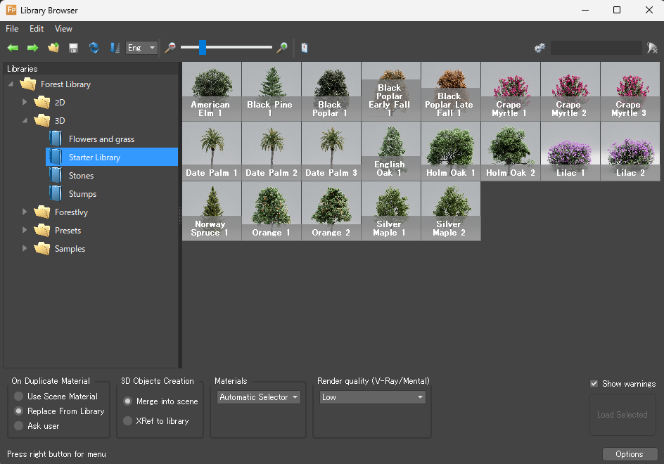 Forest PackのLibraryパネルが表示されます。