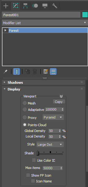 シーンに配置されたForest Packを選択し修正パネルに移動します。