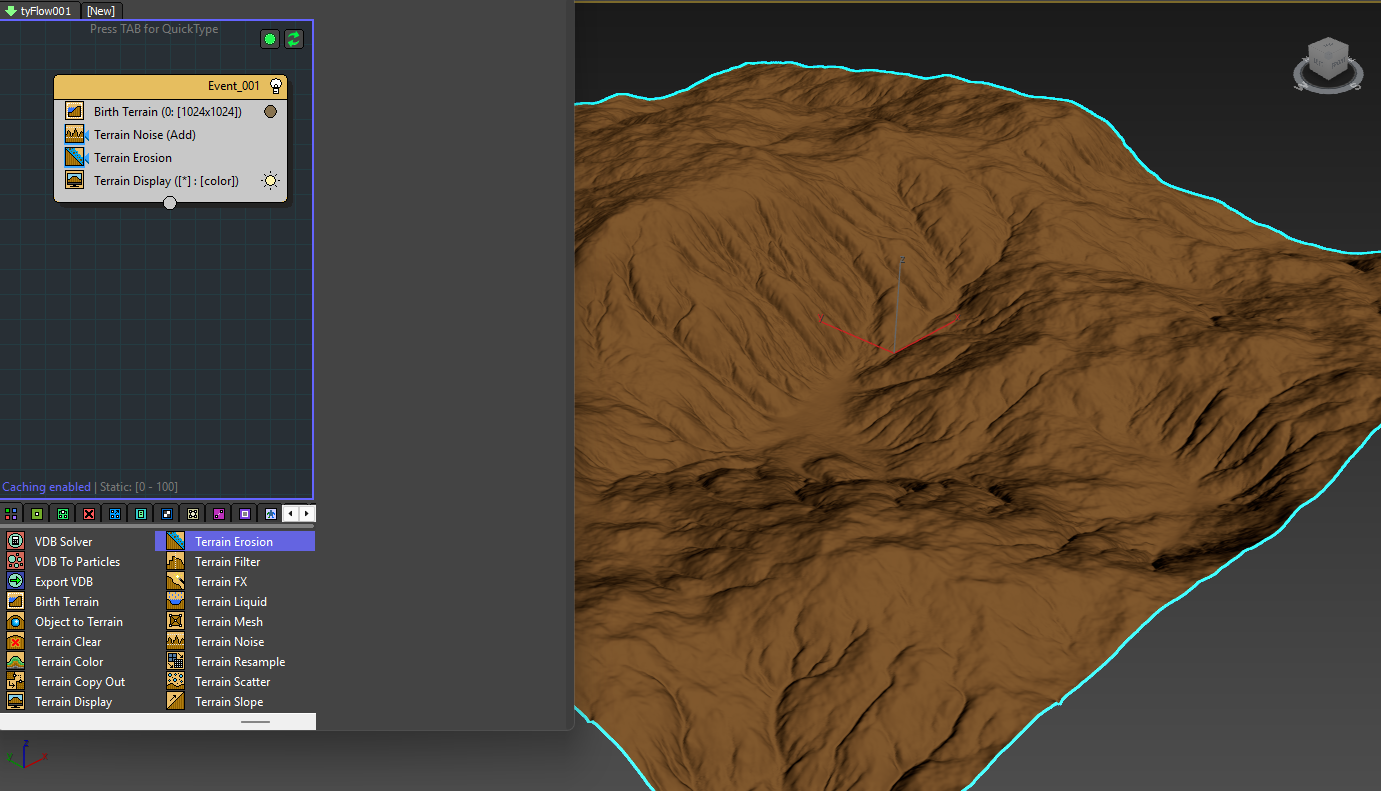 tyFlowをシーンに配置し、Birth Terrain→Terrain Noise→Terrain Erosionとオペレーターを入れてみてください。