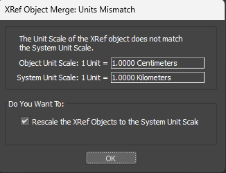 ここでcm(センチメートル)のフローと異なりXRefオブジェクトとシステムユニットのミスマッチエラーが表示されます。