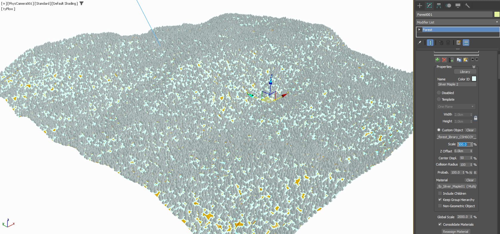 ObjectのScaleを500% Global Scaleを2000%にしてみました。ようやく木が敷き詰められ視覚的にも視認する事が出来ました。
