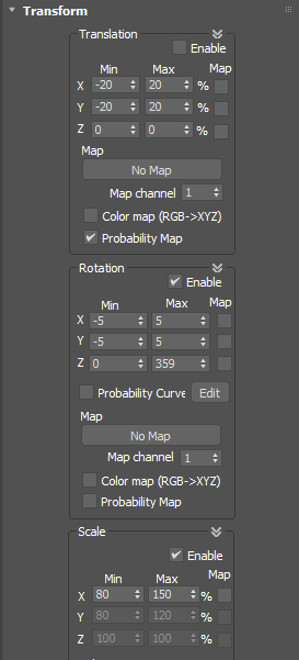 TransformのRotation、ScaleのEnableにチェックを入れ、ScaleのMaxには150%を入れました。
