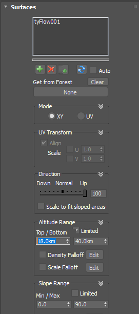 Surface欄のAltitude Range(高度範囲)のTop/Bottom Limitedにチェックを入れます。左側(Bottom)に18km、右側(Top)に40kmと入力します。