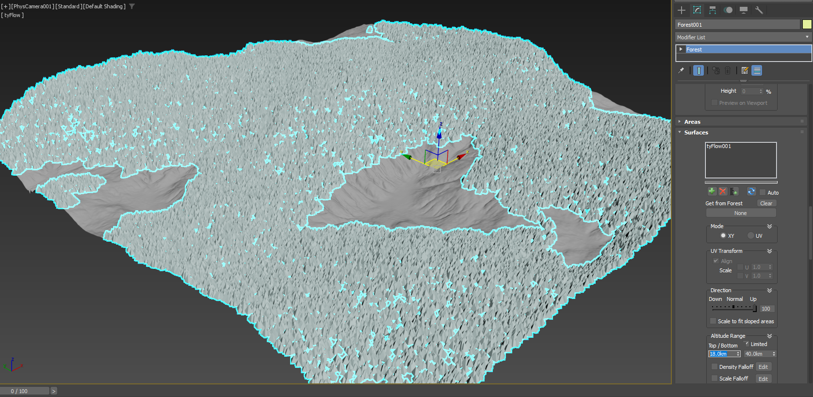 窪みの部分の植樹が無くなりました。Surfaceは形状に伴った様々な条件付けにより、植樹する範囲をコントロールする事が出来ます。