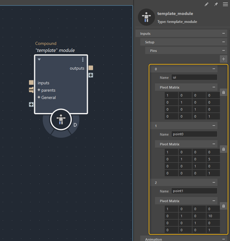 PinにNameとPivot Matrixを入力した状態のParameter Editor
