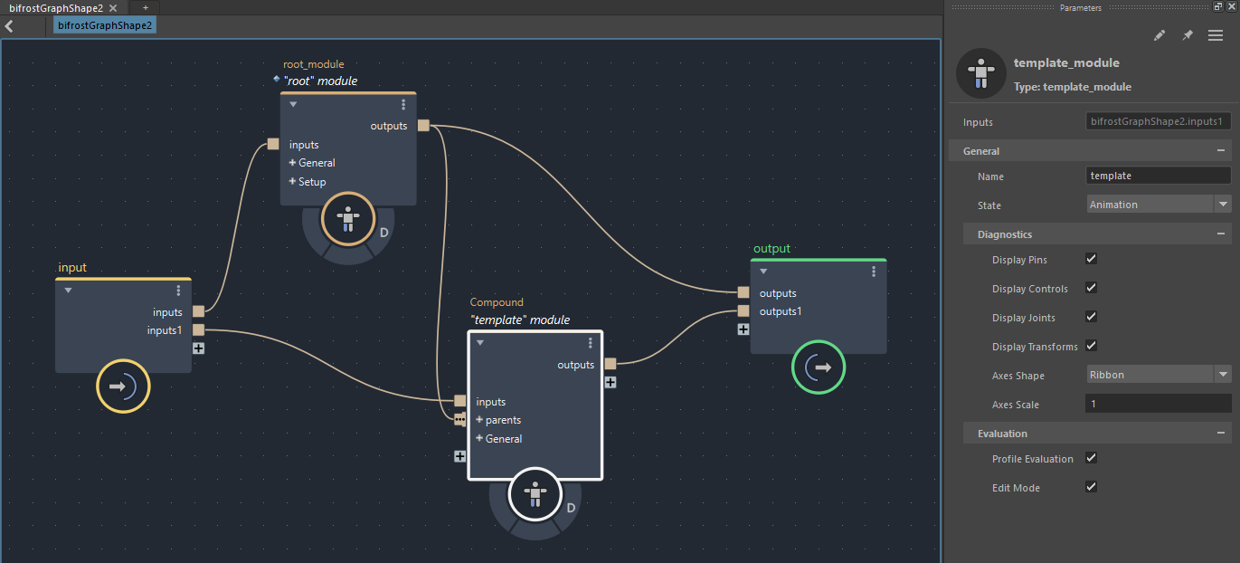 template_moduleとroot_moduleを接続した状態のbifrostGraphShape