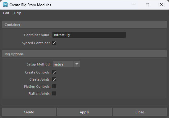 Create Rig From Modulesのオプション設定画面