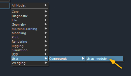 Node Libraryにstrap_moduleが表示されている画面