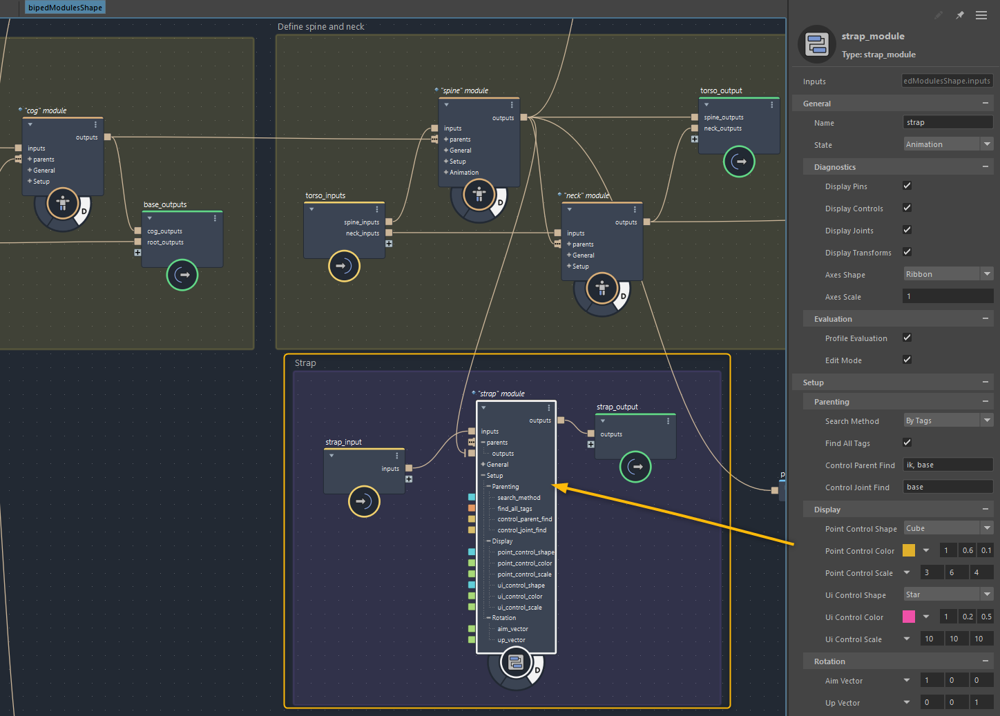 spineのik_baseを親にstrapモジュールを追加したグラフ