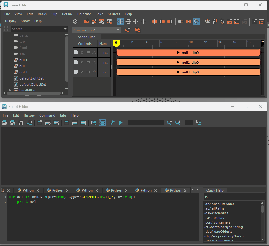 修正したスクリプトでTimeEditor上の選択からクリップノードを正しく取得できている様子