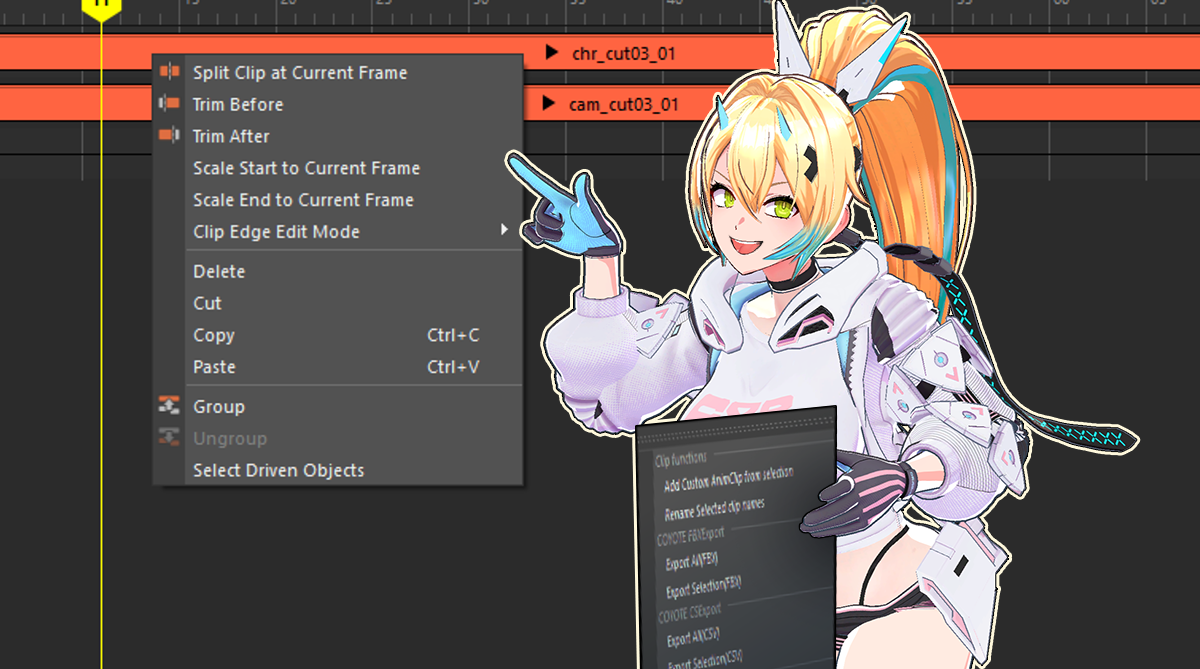 TimeEditor上でクリップを右クリックしFBX出力メニューを表示しているカスタムポップアップメニューの画面