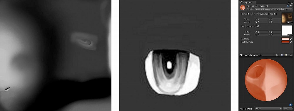 顔のテクスチャ【左】と、眼のテクスチャ【中】。どちらも明暗情報だけが描かれており、色情報はUnityのシェーダ【右】で設定されている