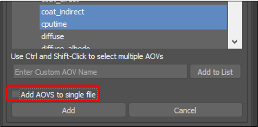 「Add AOVs to single File」にチェックを入れる