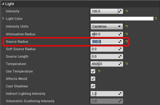ライトの詳細パネル「Light」にある「Source Radius」の値を入れる