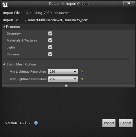 インポートオプションはすべてチェックを入れ、ライトマップは必要に応じて解像度を上げる