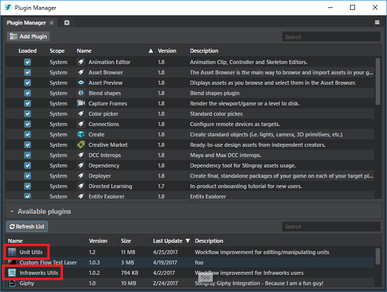 Unit Utils をクリックし、右側に表示される Install ボタンを押します。続いて、Infraworks Utils をクリックし、右側に表示される Install ボタンを押します。